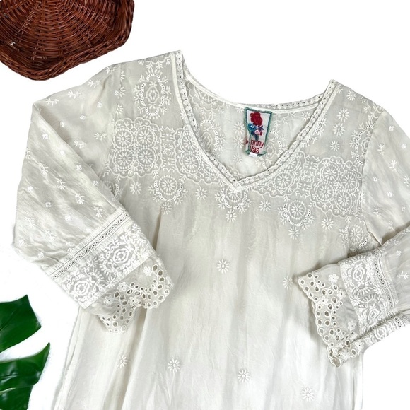Johnny Was Boho Cream Ivory Lace Embroidered Eyelet Tunic 3/4 Sleeve Dress XS - Picture 15 of 15